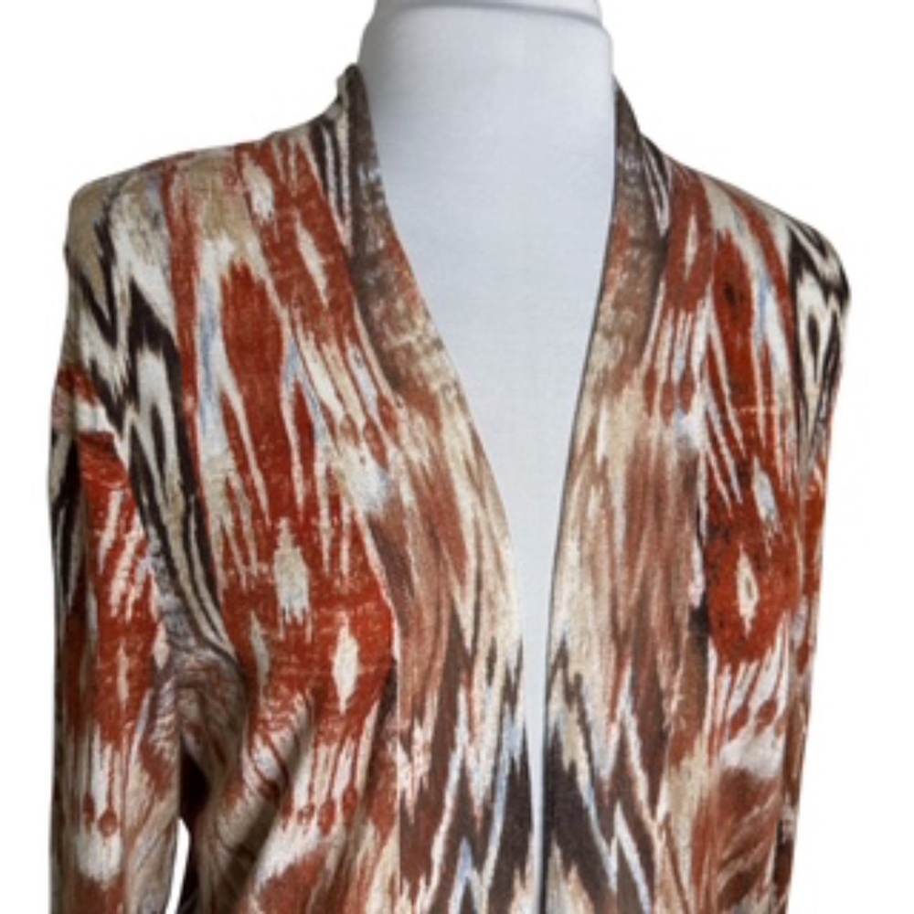 Chico's Tunic Length Multi-Colored Open Front Abstract Long Slv Cardigan Sz 2 - Picture 4 of 9